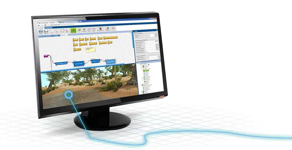 The Animate editor on a monitor, with a visual script and a 3D scene