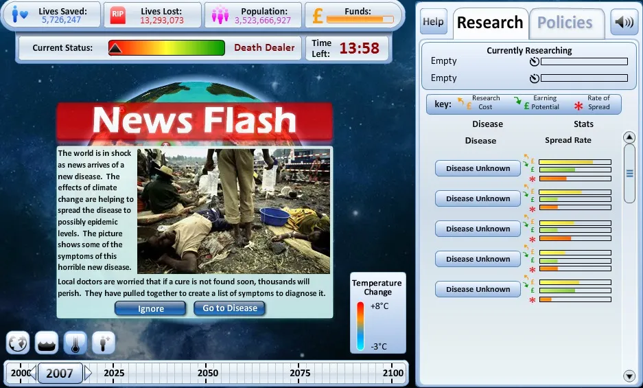 Climate Health Impact game screen with a news flash about a disease outbreak