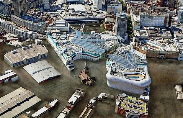 An aerial view of a flooded city in FloodSim