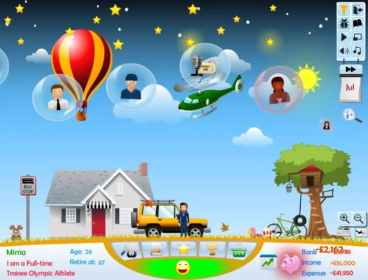 A cartoon town in Metycoon, with a hot-air balloon and player avatars