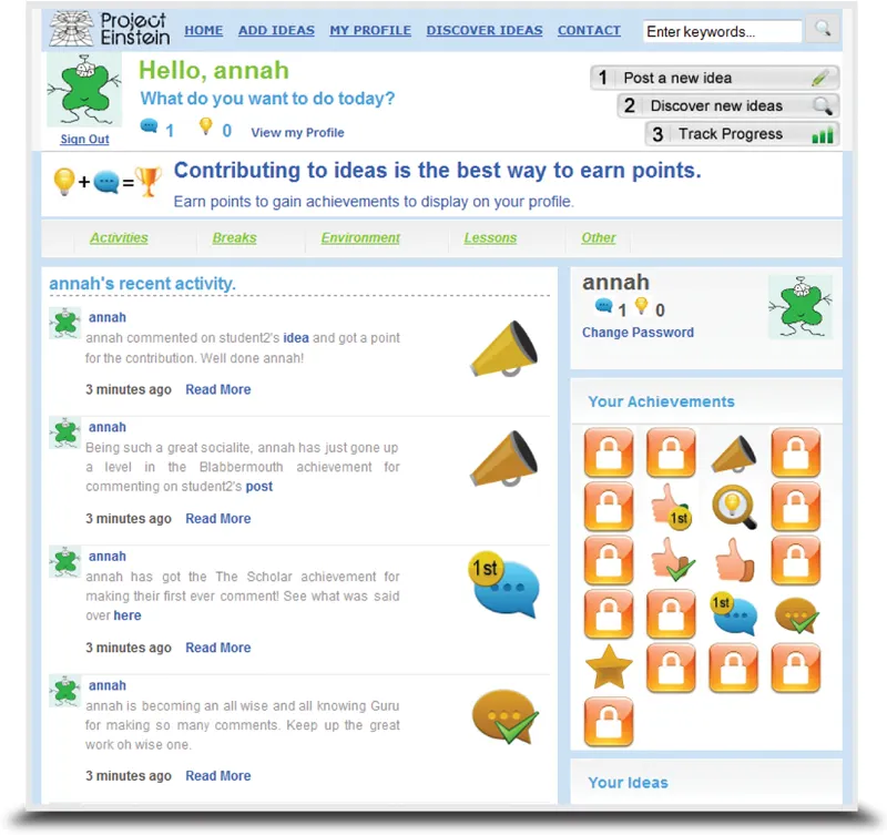 Project Einstein activity feed with achievement badges