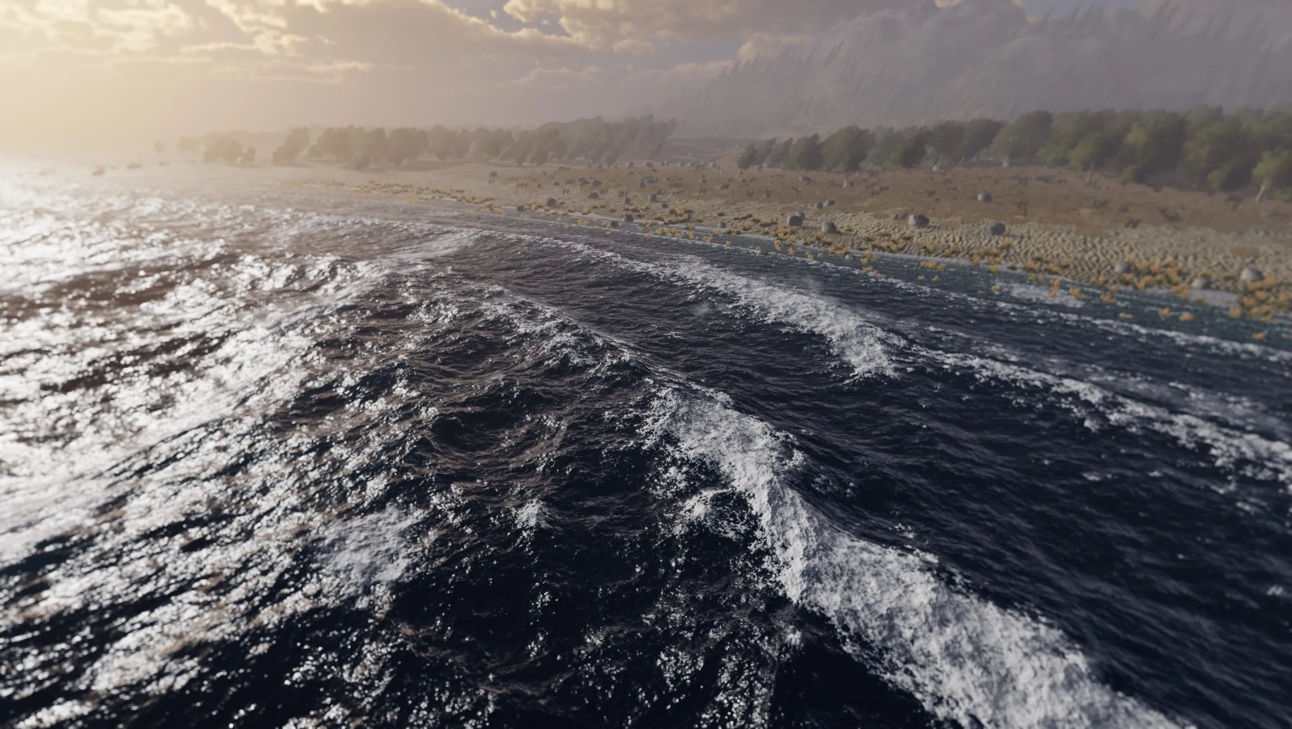 Waves rolling onto a shore in RE-WILD
