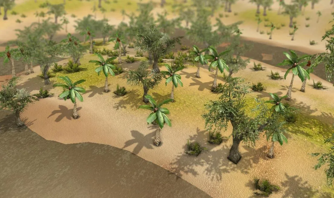 A WebGL scene of palm trees on sand dunes